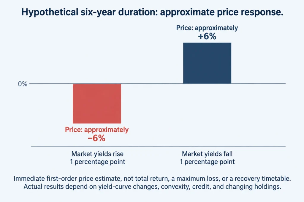 A hypothetical fund with six-year duration has an approximate 6% price decline for a one-percentage-point yield rise and a 6% increase for an equivalent yield decline.